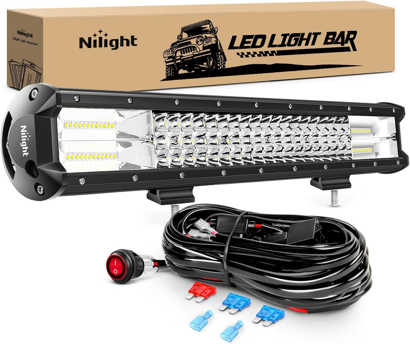 20Inch 288W Triple Row Flood Spot Combo LED Light Bar Waterproof 28800LM off Road Driving Lamp with Wiring Harness for Boat Trucks Pickup Jeep SUV ATV UTV (ZH403)