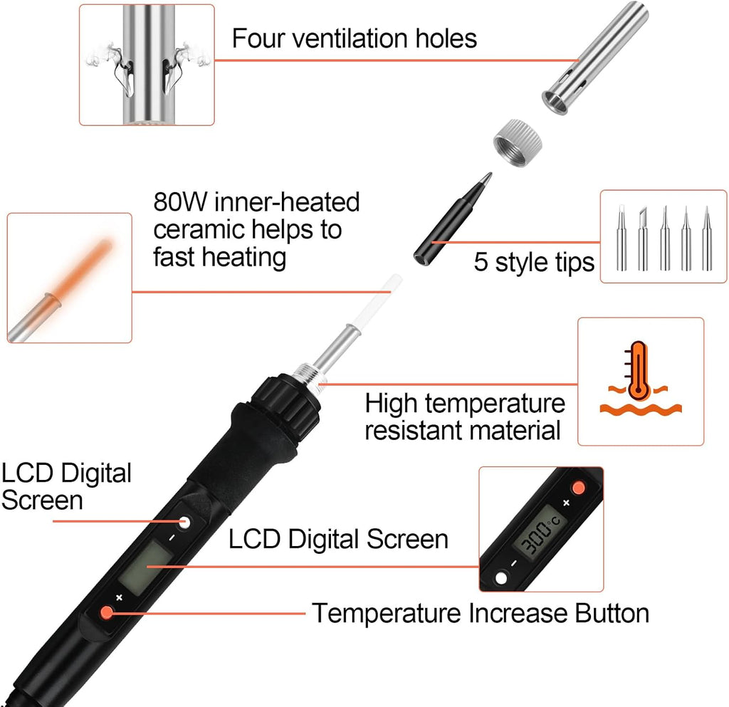 Soldering Iron Kit, 80W Professional Soldering Kit for Electronics Adjustable Temperature Soldering Iron Tool with Solder Wire, Tweezers, Soldering Iron Stand