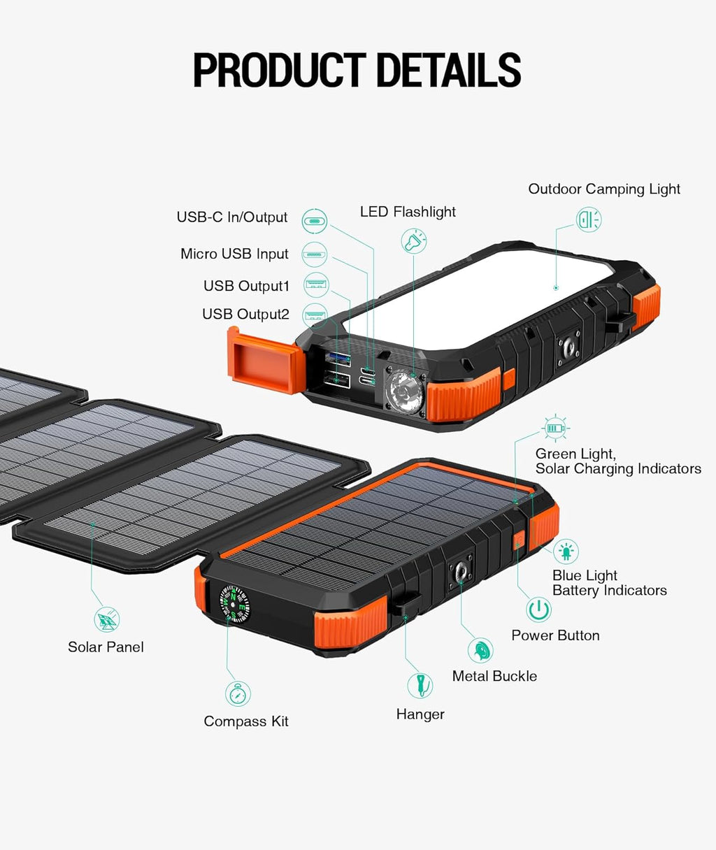 Solar Charger Power Bank, Pd 18W QC3.0 Fast Charging 20000Mah Solar Powered Powerbank with 4 Foldable Panels, Type C Input/Output, Camping Light SOS Flashlight, Compass Carabiner