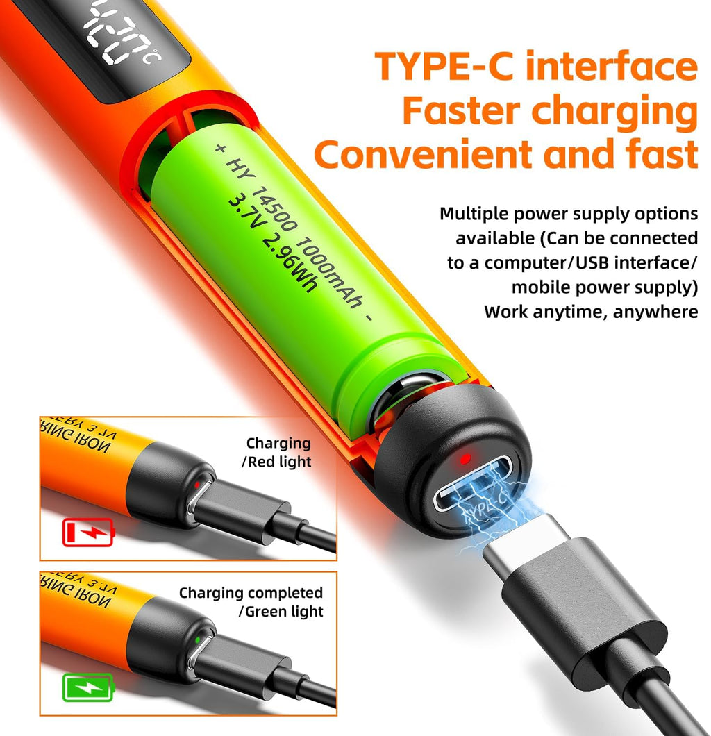 Soldering Iron Kit - Cordless USB Rechargeable Soldering Iron with 3-Speed Temperature Adjustment, Portable Heating Core, Soldering Iron Cord, Rosin, Soldering Iron Stand & Storage Box (Orange)