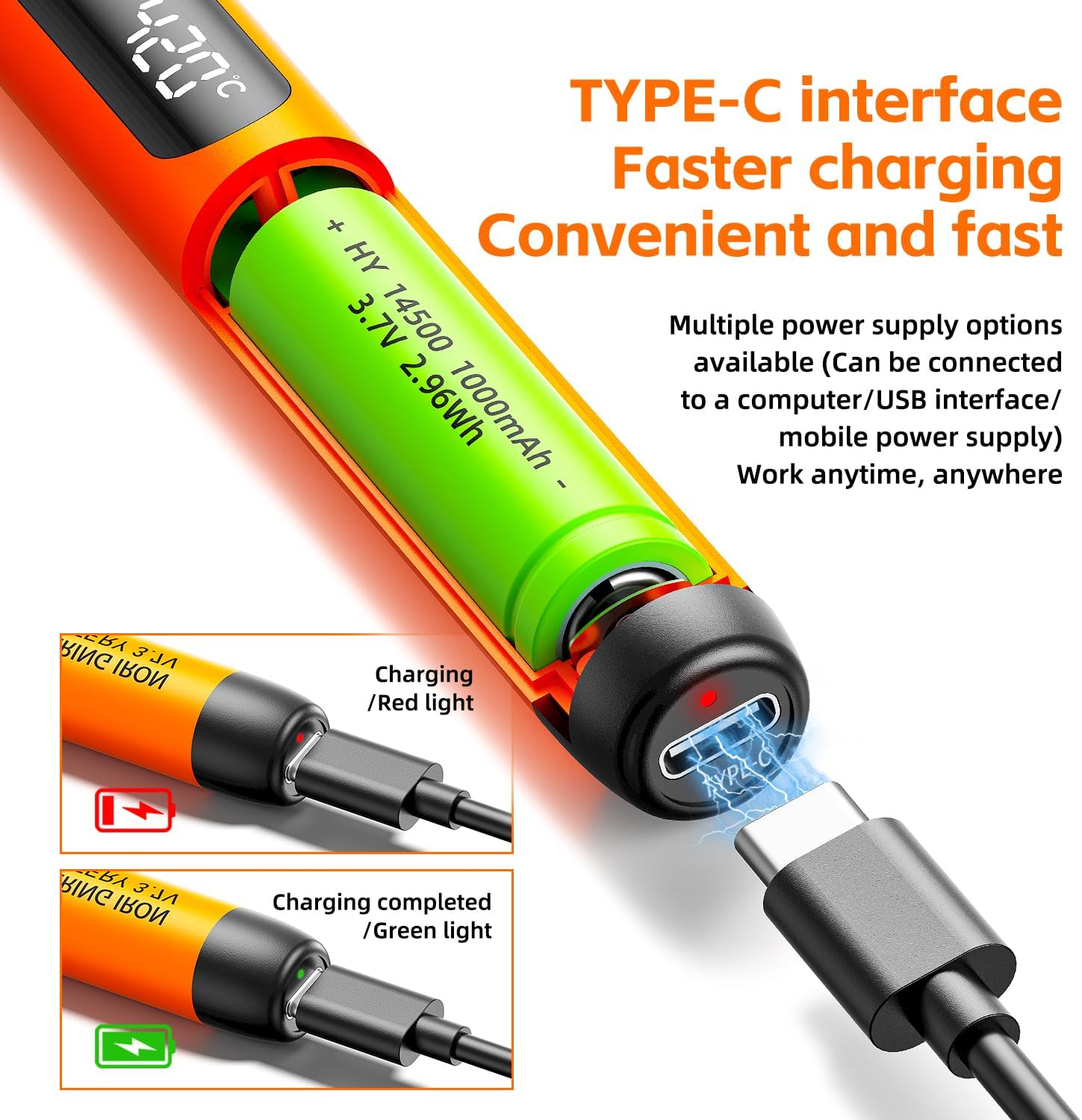 Soldering Iron Kit - Cordless USB Rechargeable Soldering Iron with 3-Speed Temperature Adjustment, Portable Heating Core, Soldering Iron Cord, Rosin, Soldering Iron Stand & Storage Box (Orange)