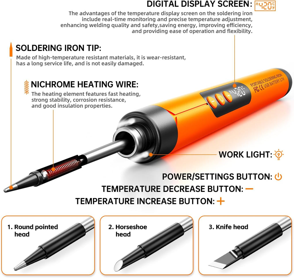 Soldering Iron Kit - Cordless USB Rechargeable Soldering Iron with 3-Speed Temperature Adjustment, Portable Heating Core, Soldering Iron Cord, Rosin, Soldering Iron Stand & Storage Box (Orange)