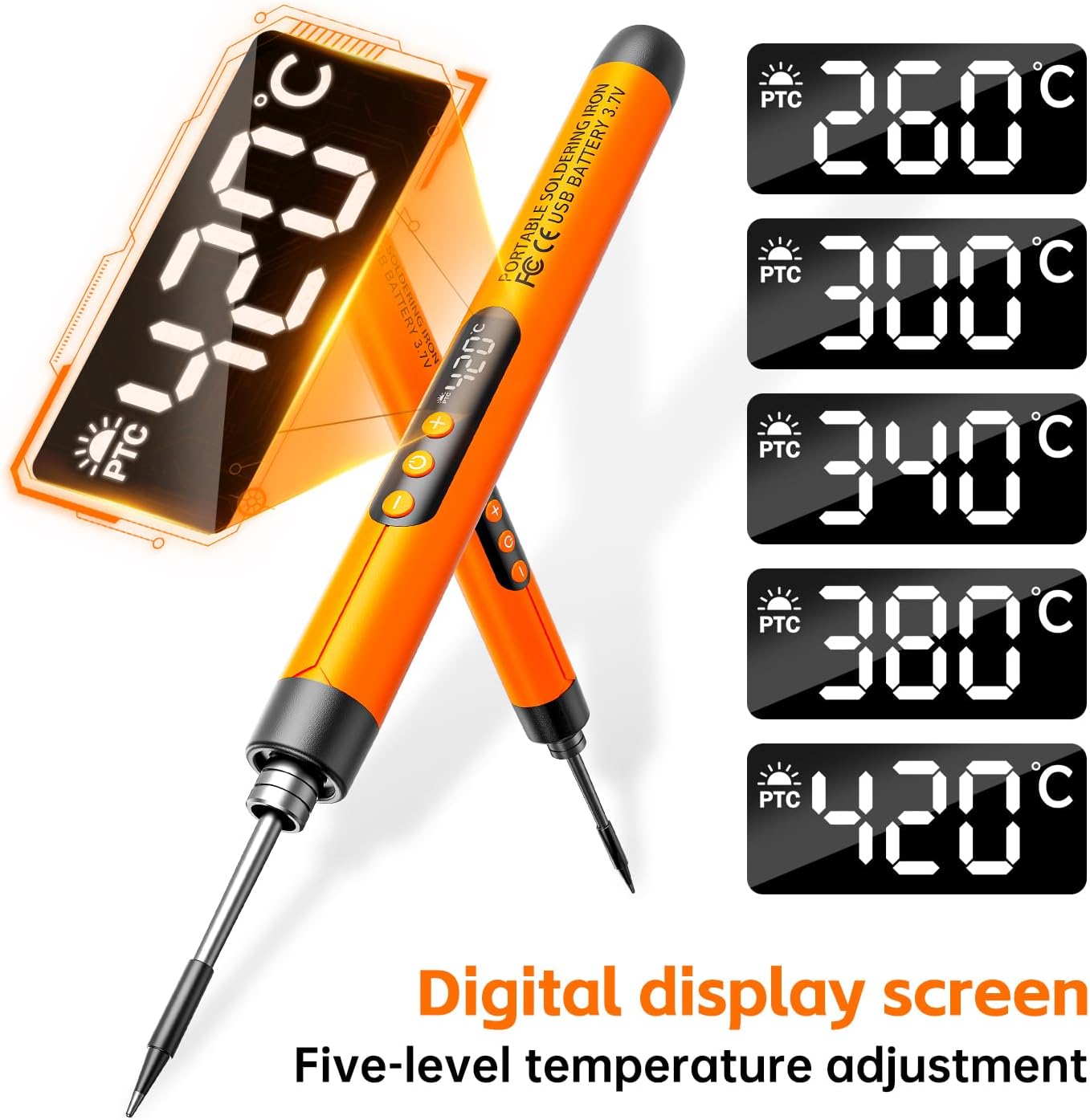 Soldering Iron Kit - Cordless USB Rechargeable Soldering Iron with 3-Speed Temperature Adjustment, Portable Heating Core, Soldering Iron Cord, Rosin, Soldering Iron Stand & Storage Box (Orange)