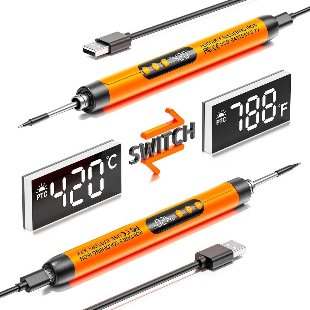 Soldering Iron Kit - Cordless USB Rechargeable Soldering Iron with 3-Speed Temperature Adjustment, Portable Heating Core, Soldering Iron Cord, Rosin, Soldering Iron Stand & Storage Box (Orange)