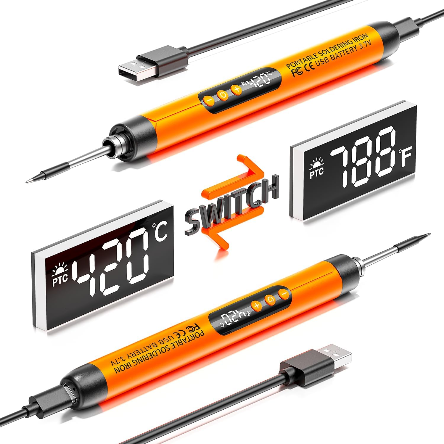 Soldering Iron Kit - Cordless USB Rechargeable Soldering Iron with 3-Speed Temperature Adjustment, Portable Heating Core, Soldering Iron Cord, Rosin, Soldering Iron Stand & Storage Box (Orange)