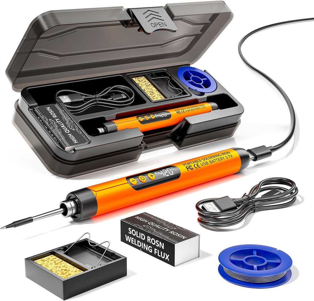 Soldering Iron Kit - Cordless USB Rechargeable Soldering Iron with 3-Speed Temperature Adjustment, Portable Heating Core, Soldering Iron Cord, Rosin, Soldering Iron Stand & Storage Box (Orange)