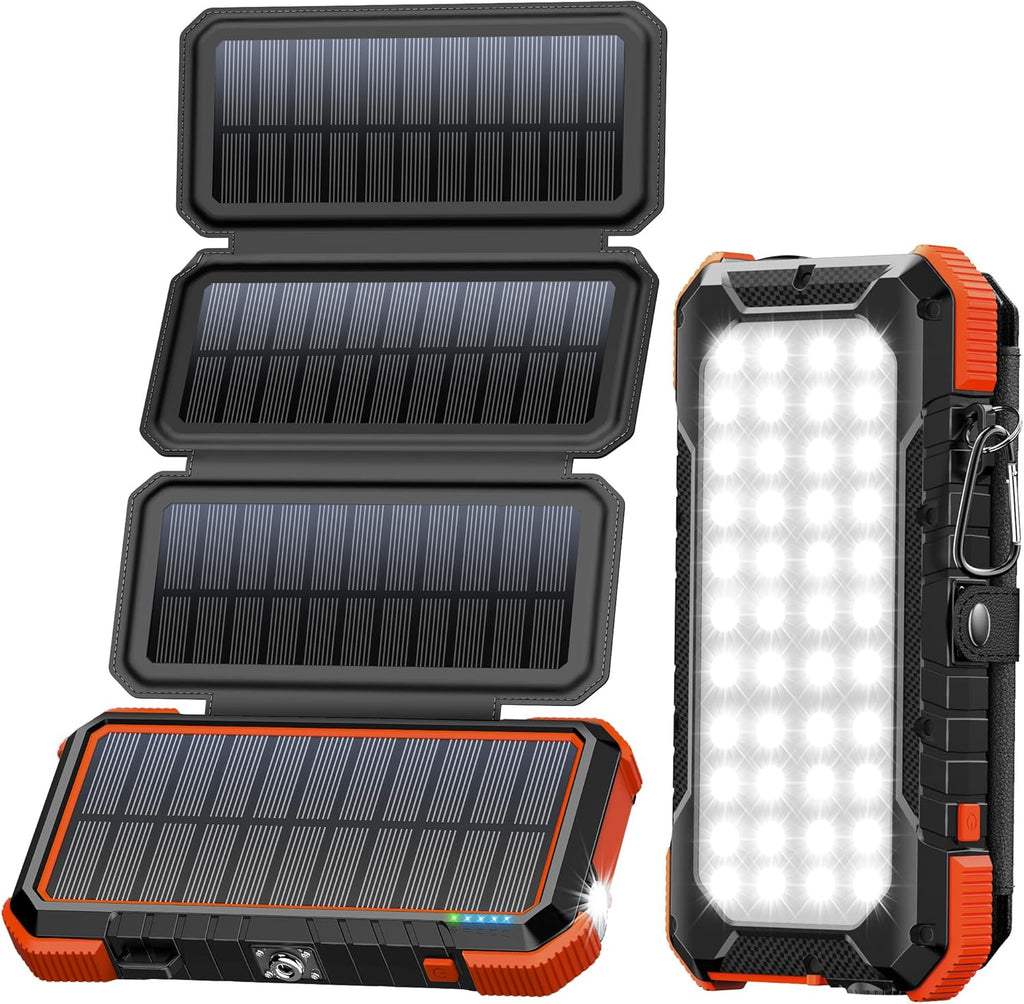 Solar Charger Power Bank, Pd 18W QC3.0 Fast Charging 20000Mah Solar Powered Powerbank with 4 Foldable Panels, Type C Input/Output, Camping Light SOS Flashlight, Compass Carabiner