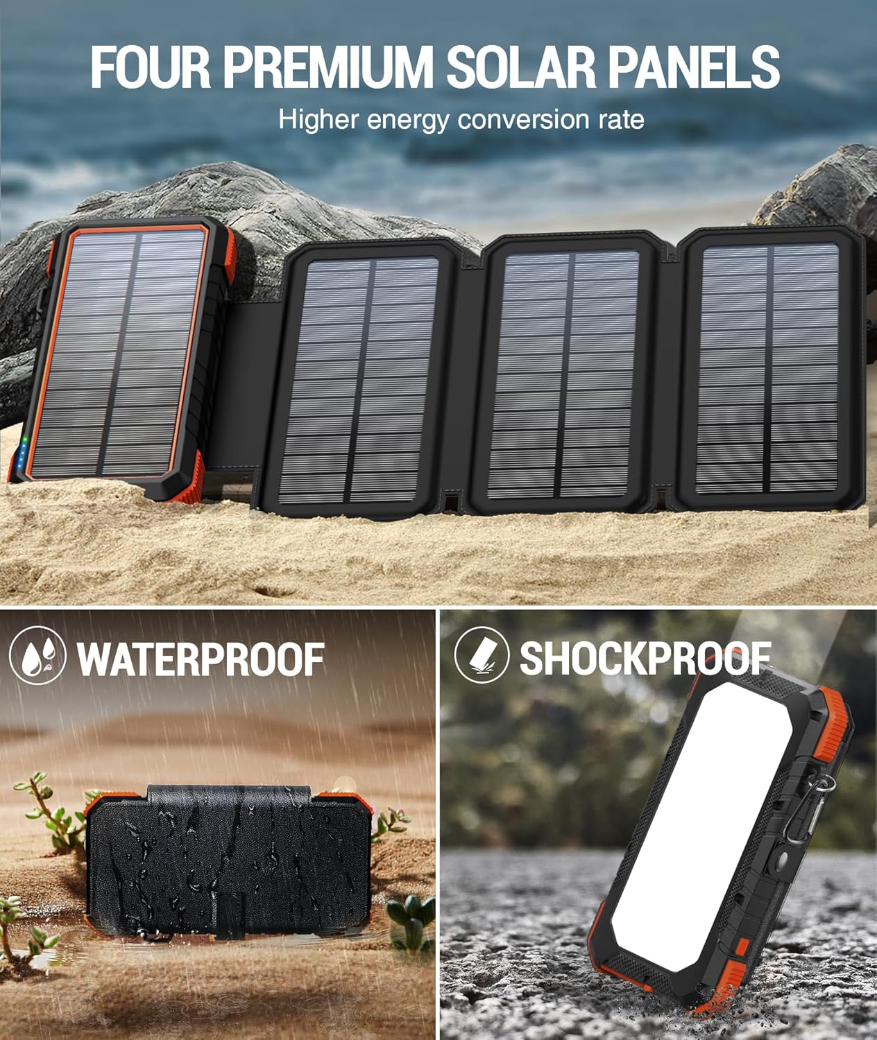 Solar Charger Power Bank, Pd 18W QC3.0 Fast Charging 20000Mah Solar Powered Powerbank with 4 Foldable Panels, Type C Input/Output, Camping Light SOS Flashlight, Compass Carabiner