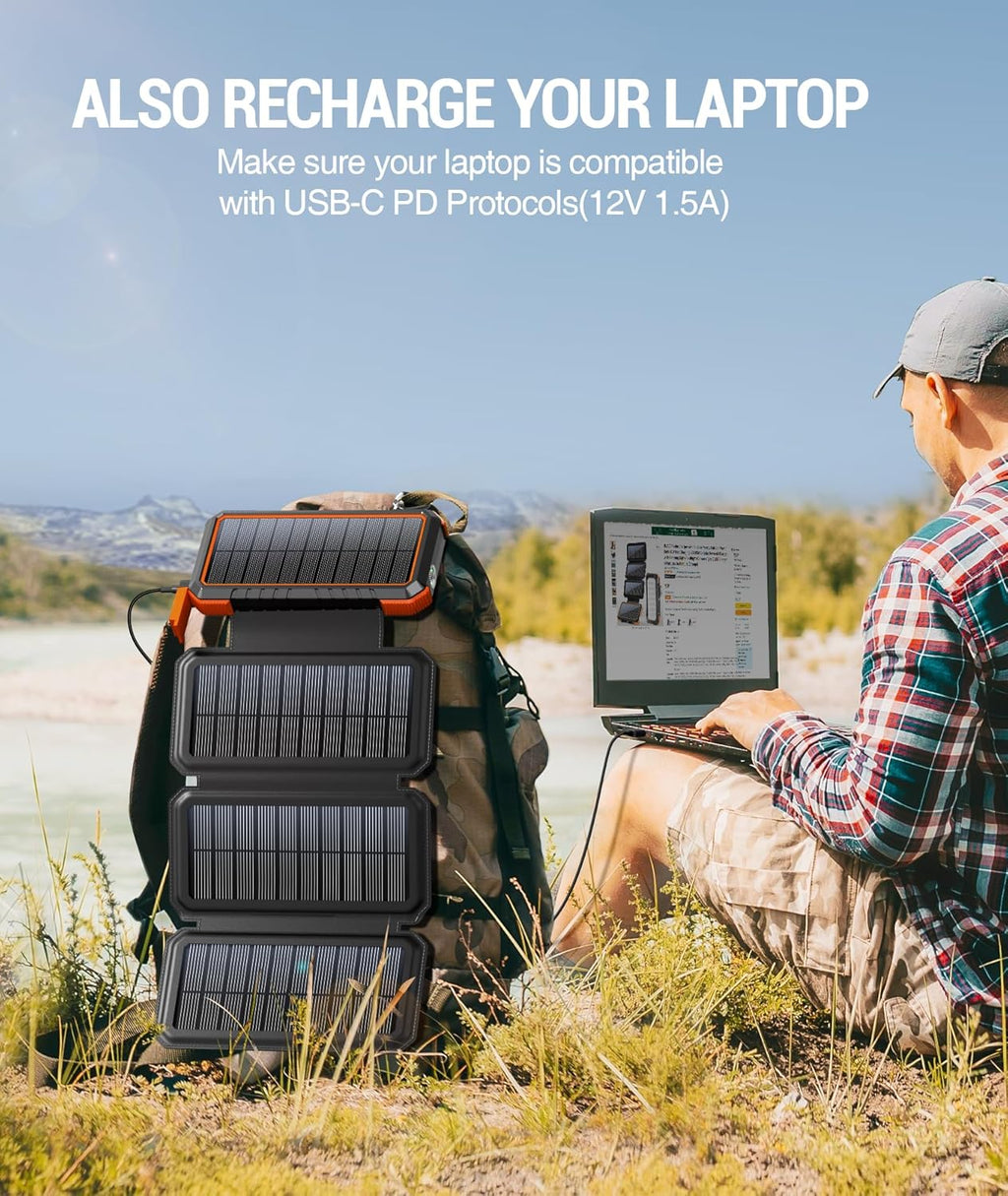 Solar Charger Power Bank, Pd 18W QC3.0 Fast Charging 20000Mah Solar Powered Powerbank with 4 Foldable Panels, Type C Input/Output, Camping Light SOS Flashlight, Compass Carabiner