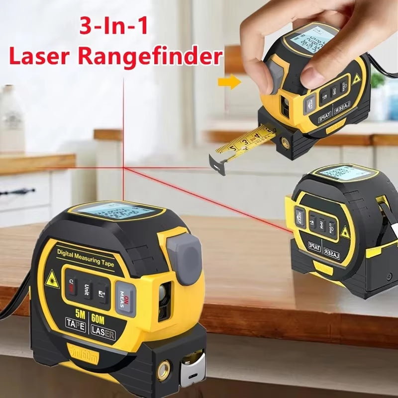 3 in 1 Laser Rangefinder 5M Tape Measure Ruler LCD Backlight Distance Meter Measurement Device Building with Display