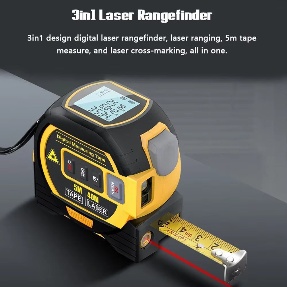 3 in 1 Laser Rangefinder 5M Tape Measure Ruler LCD Backlight Distance Meter Measurement Device Building with Display